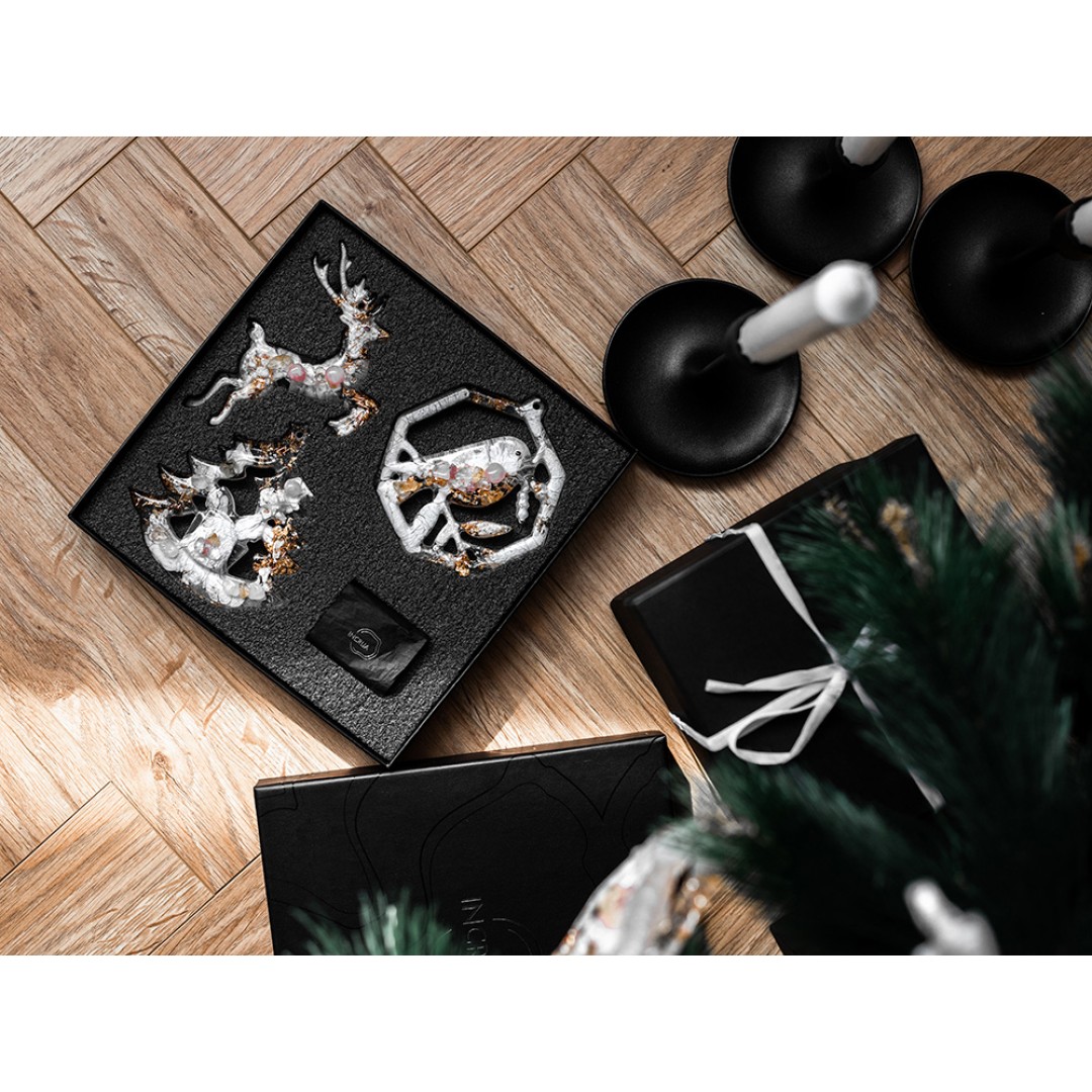 Елочные игрушки ( Снегирь+ Олень+ Ель) Розовый кварц