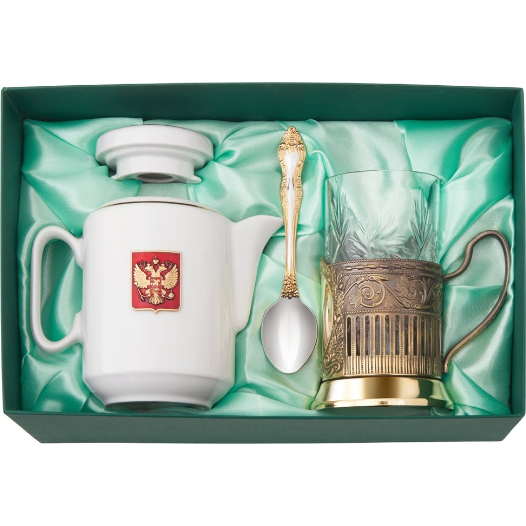 Чайный набор с подстаканником и фарфоровым чайником «ЭГОИСТ-Л», золотистый/белый