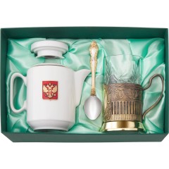 Чайный набор с подстаканником и фарфоровым чайником «ЭГОИСТ-Л», золотистый/белый