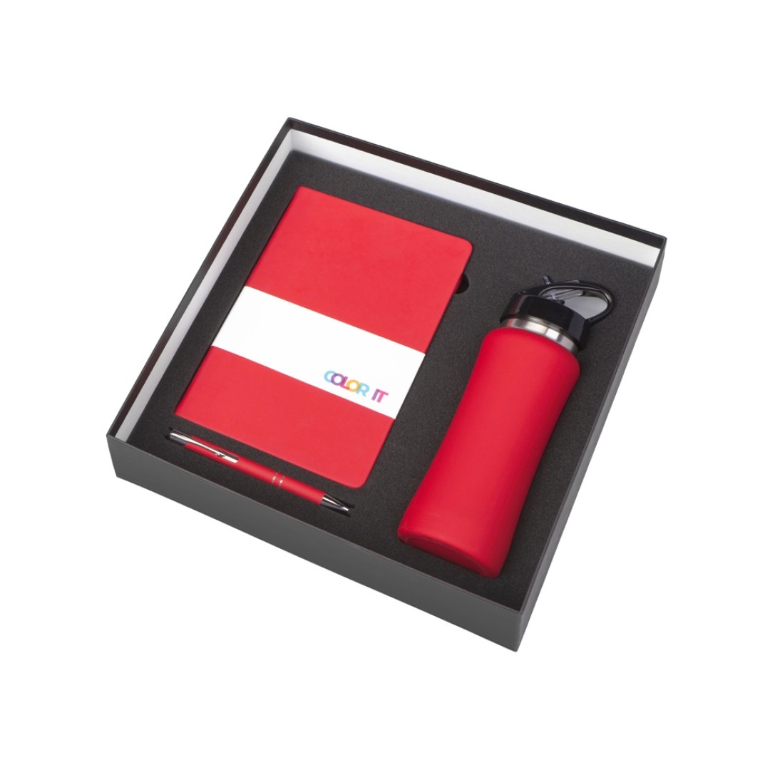 Подарочный набор с блокнотом С2, металлической ручкой и бутылкой для воды, красный