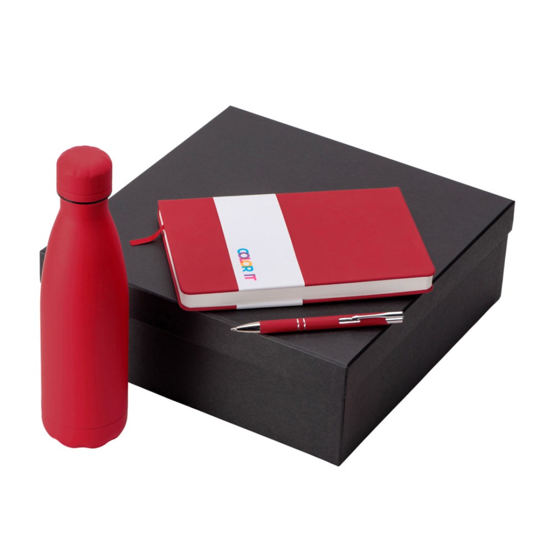 Подарочный набор с блокнотом С3, металлической ручкой и термобутылкой, красный
