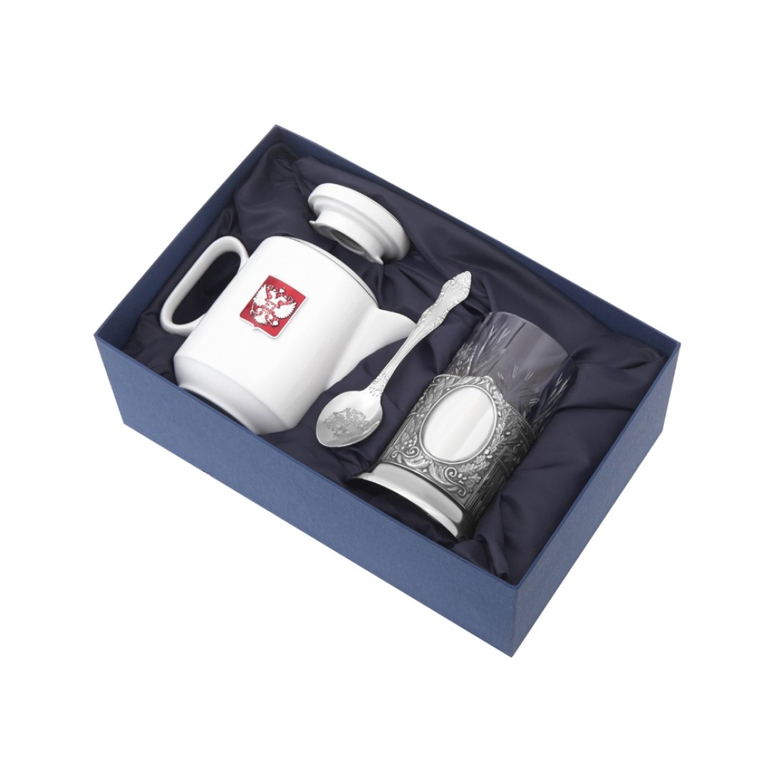 Чайный набор с подстаканником и фарфоровым чайником «ЭГОИСТ-М», серебристый/белый