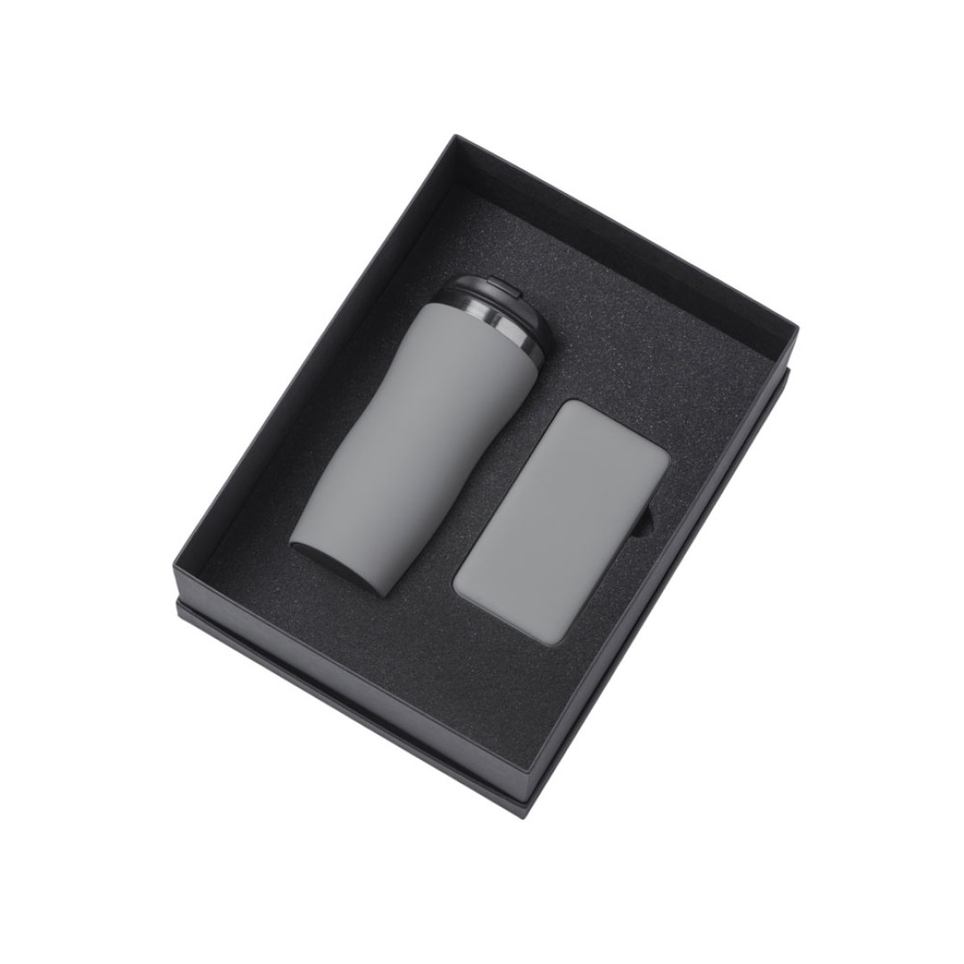 Подарочный набор c вакуумной термокружкой и повербанком С2, серый