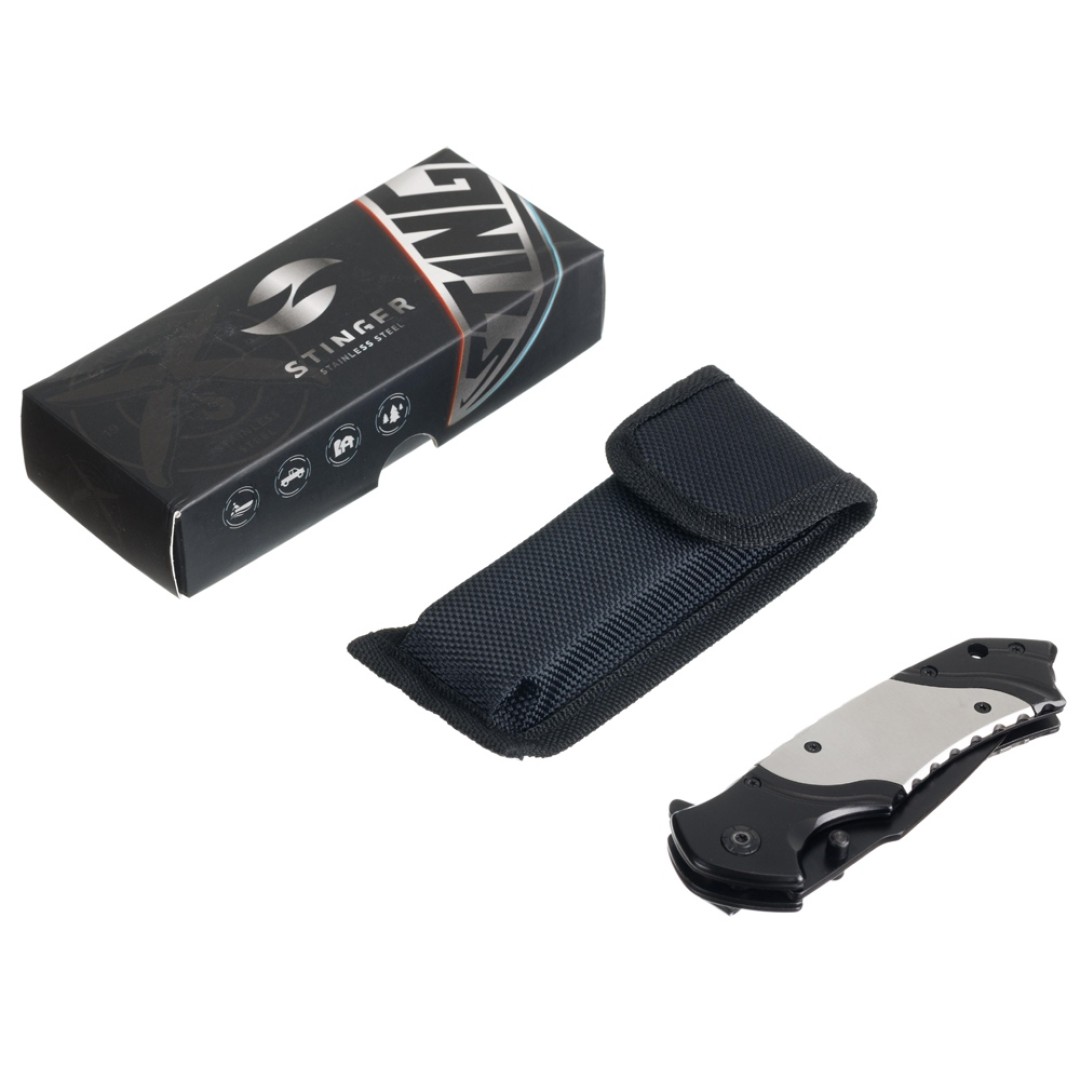 Нож складной Stinger, 120 мм, (черный), материал рукояти: нержавеющая сталь (серебристый/черный)