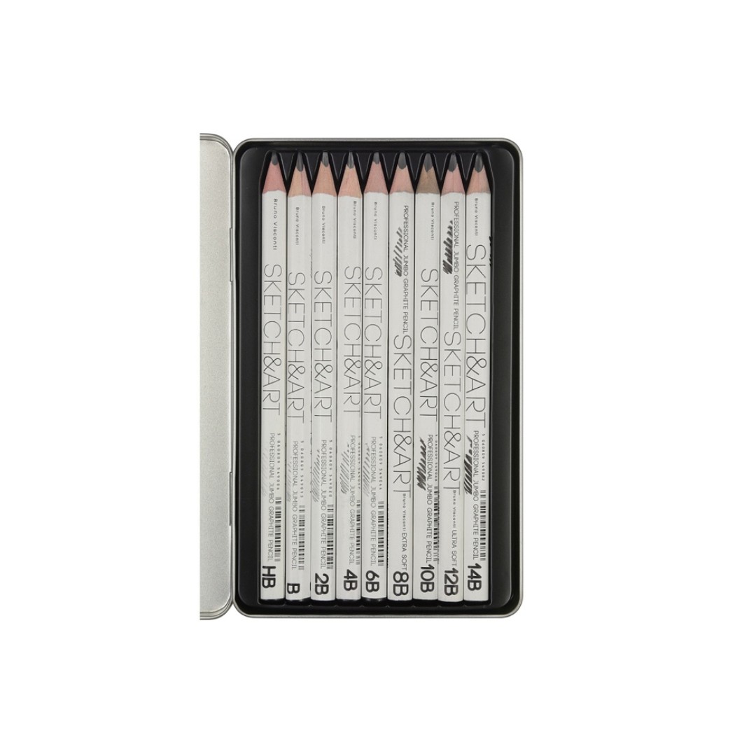 Набор чернографитовых карандашей  "Sketch & Art"  утолщенные,9 шт. hb-14b,  металлическая коробка с ложементом
