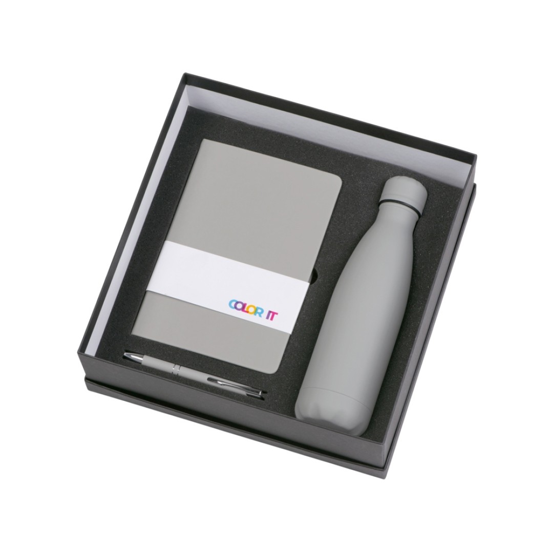 Подарочный набор с блокнотом С2, металлической ручкой и термобутылкой, серый