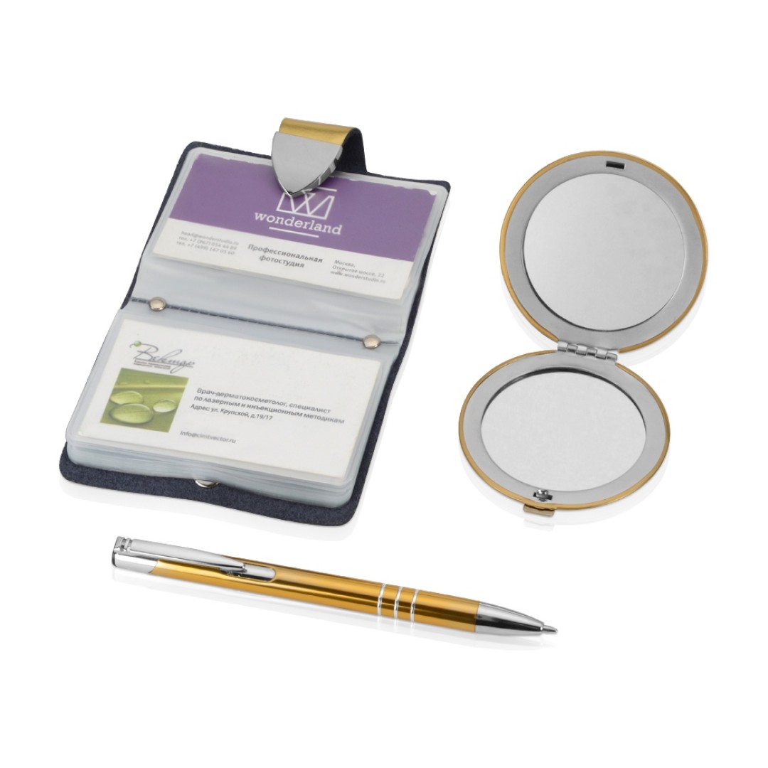 Набор «Чувства»: шариковая ручка, зеркало, визитница, золотистый (Р)