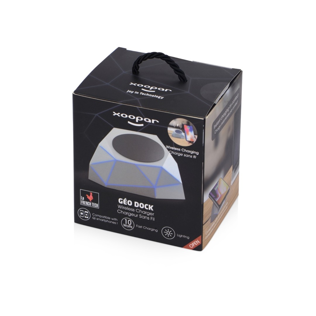 Док-станция «Geo Dock» с быстрой беспроводной зарядкой, серебристый с синей подсветкой. XOOPAR