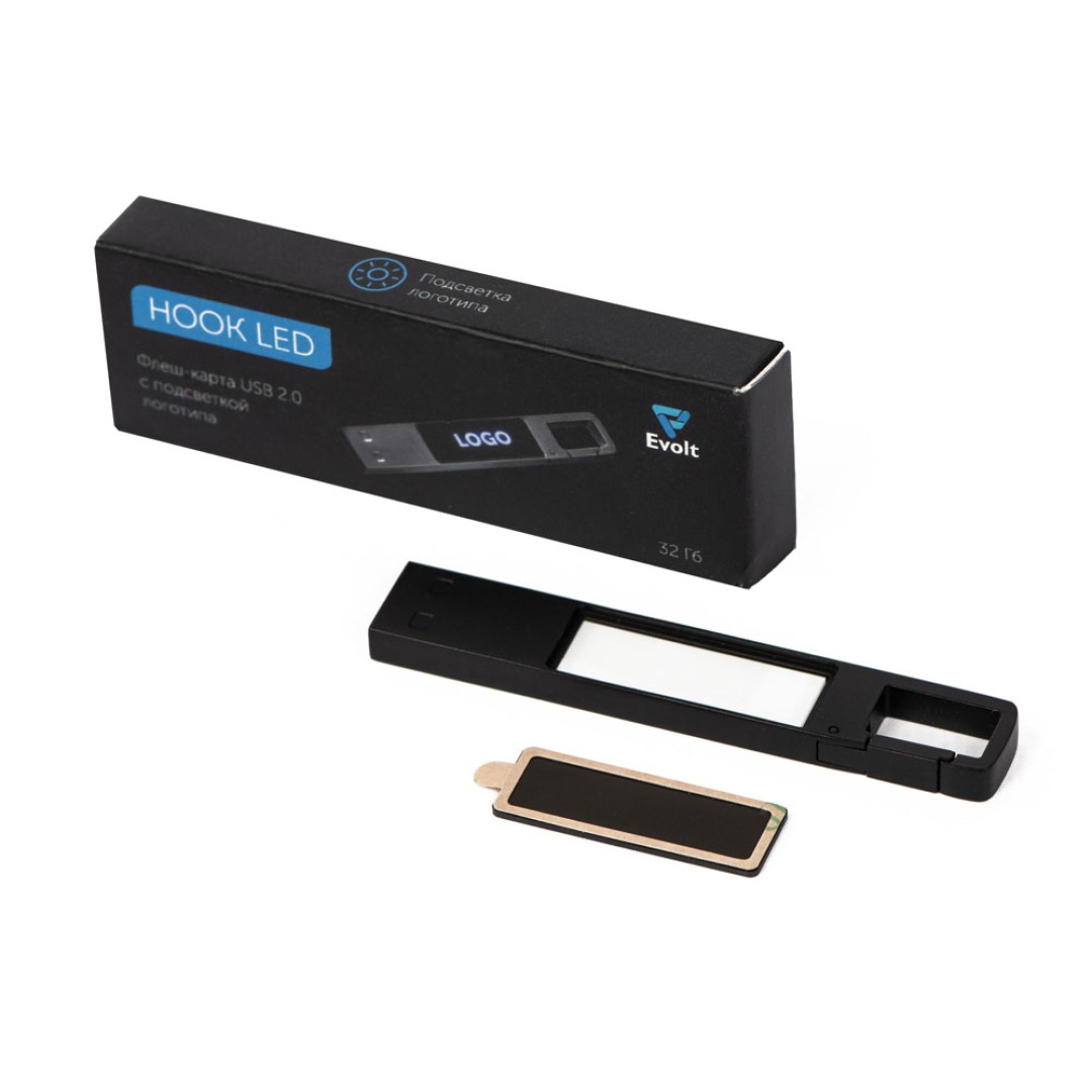 USB 2.0- флешка на 32 Гб c подсветкой логотипа «Hook LED», темно-серый, синяя подсветка