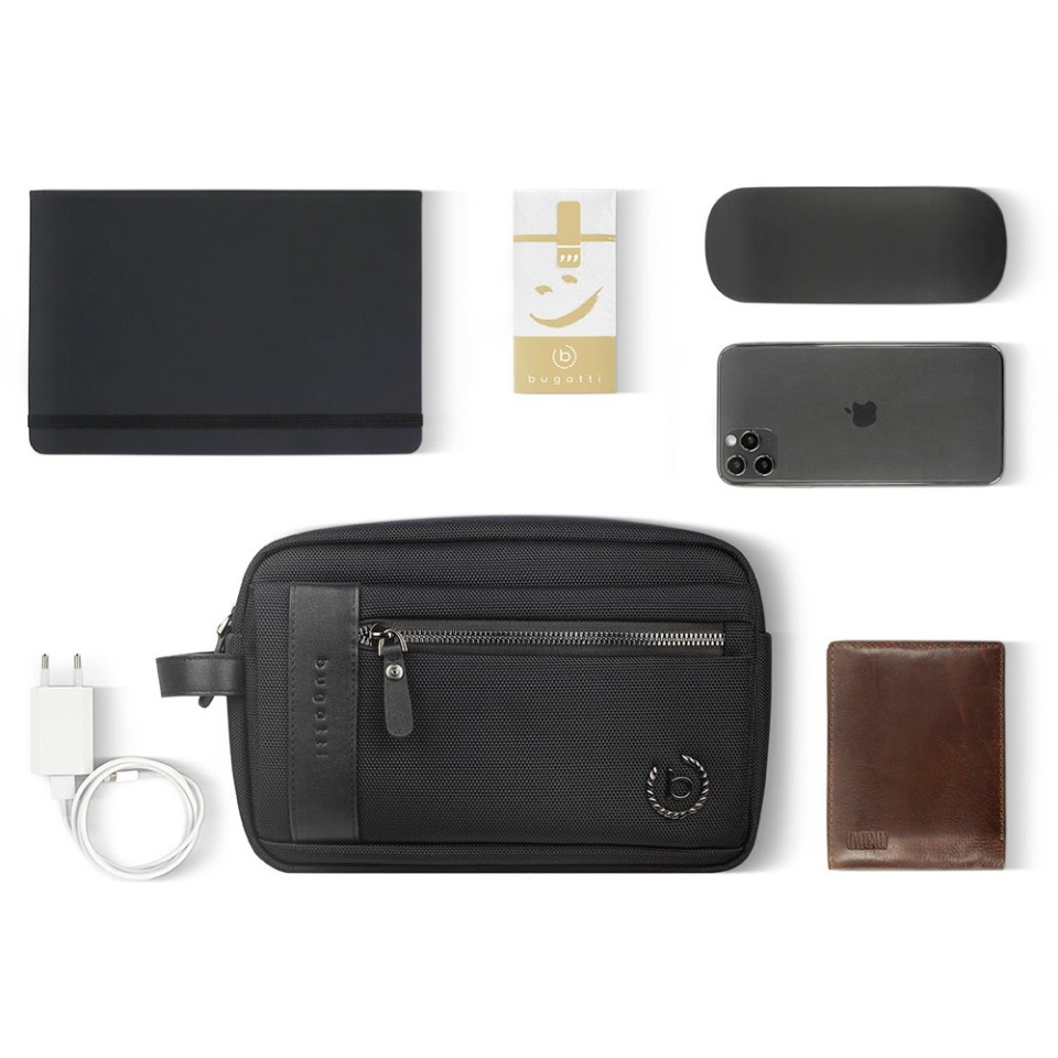 Несессер мужской BUGATTI Nero, чёрный, нейлон 1680D/кожа, 24х7,5х16 см