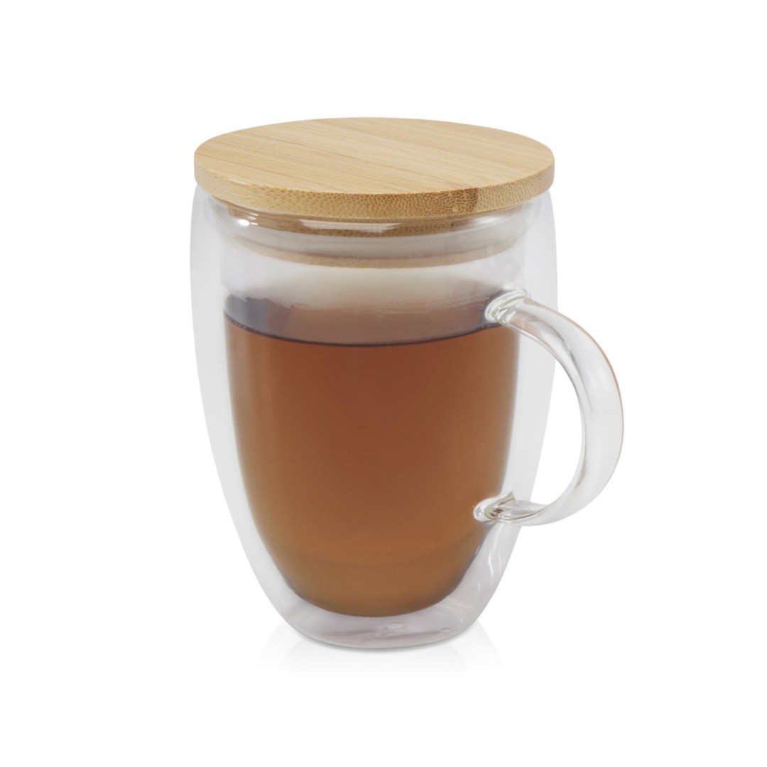 Стеклянная кружка Leona объемом 350 мл с бамбуковой крышкой - прозрачный
