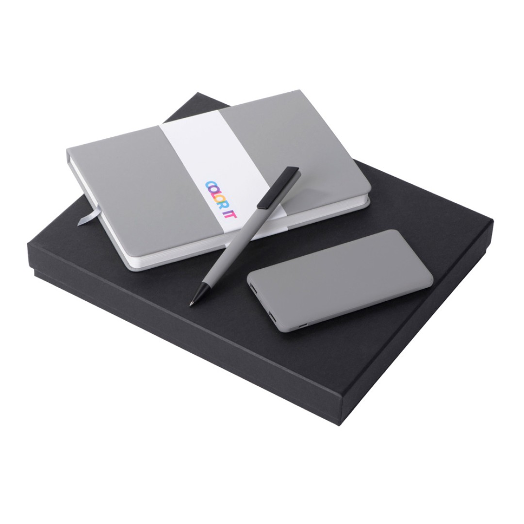 Подарочный набор c блокнотом С2, ручкой и повербанком 5000 mAh, серый