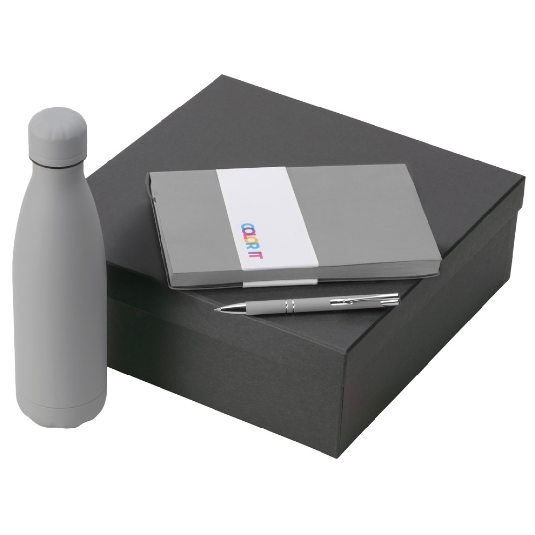 Подарочный набор с блокнотом С1, металлической ручкой и термобутылкой, серый