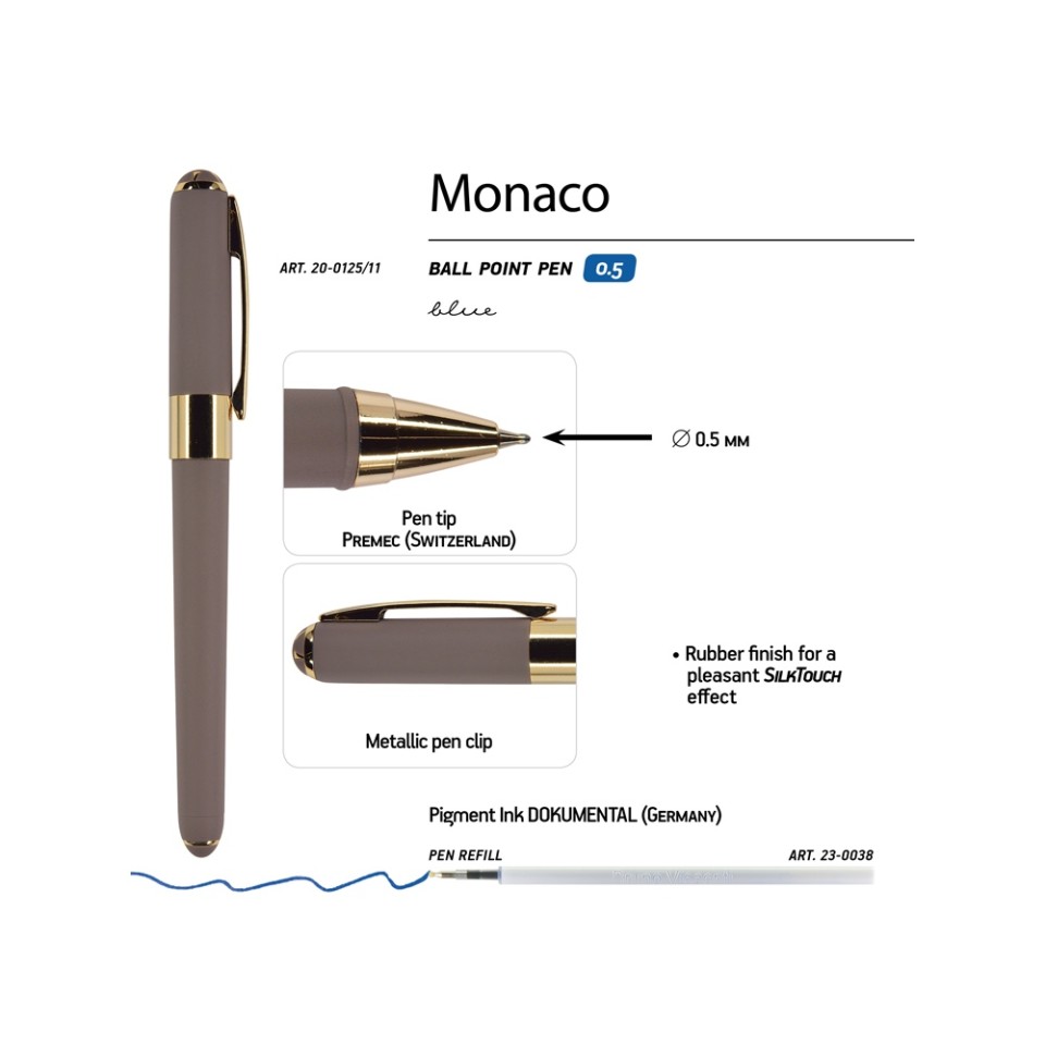 Ручка пластиковая шариковая «Monaco», 0,5мм, синие чернила, серый
