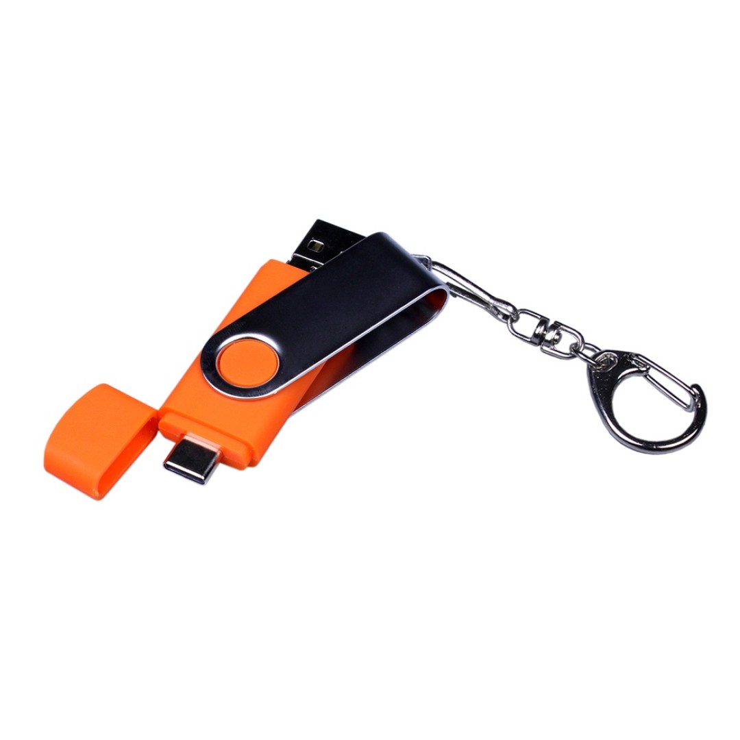 USB-флешка на 64 ГБ поворотный механизм, c двумя дополнительными разъемами MicroUSB и TypeC, оранжевый