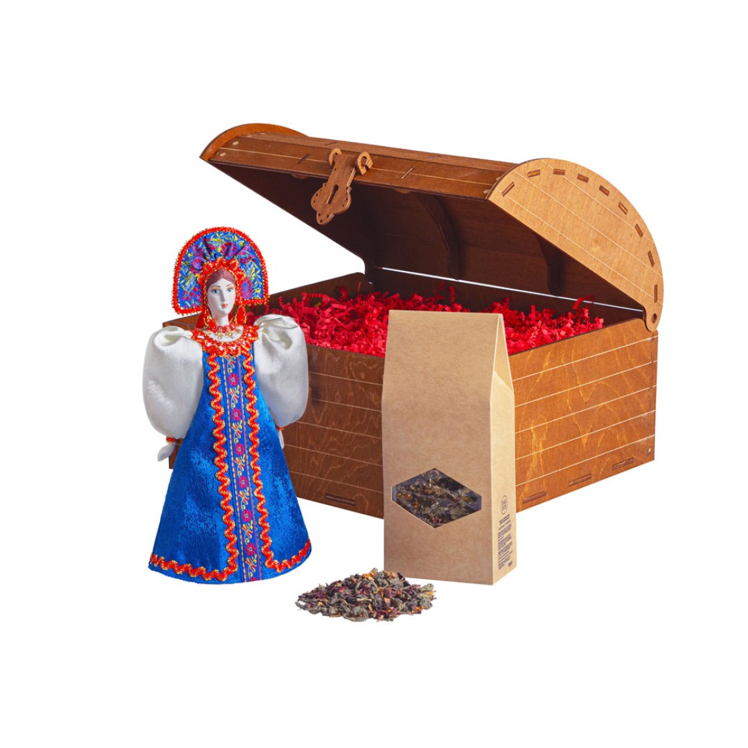 Подарочный набор: кукла фарфоровая, чай "Малина с мятой", синий