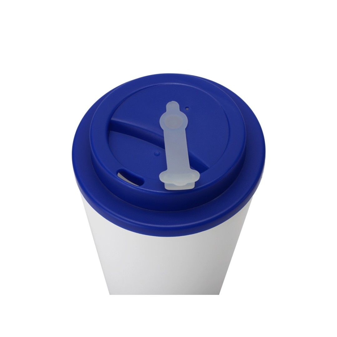 Пластиковый стакан Take away с двойными стенками и крышкой с силиконовым клапаном, 350 мл, белый/темно-синий