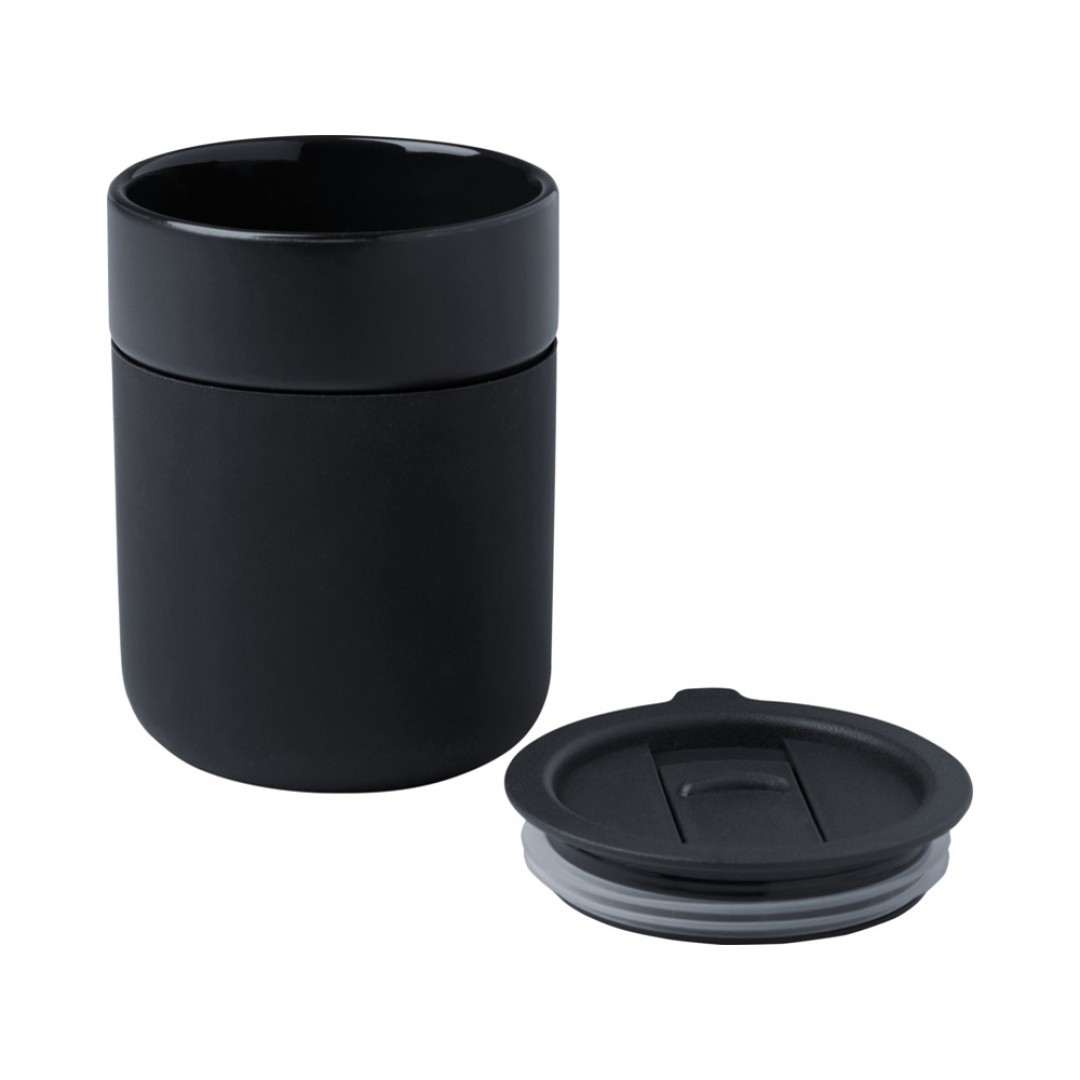 Java керамическая кружка емкостью 330 мл с силиконовой оберткой и пластиковой крышкой - сплошной черный