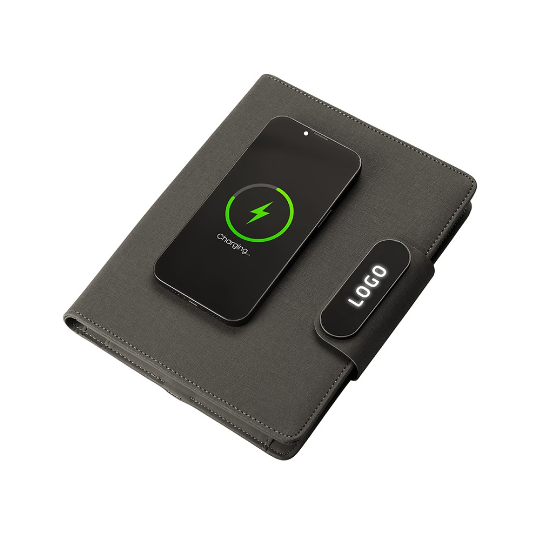 Подарочный набор металлическая ручка и блокнот А5 "Twilight"  со светящимся логотипом и пауэрбэнком