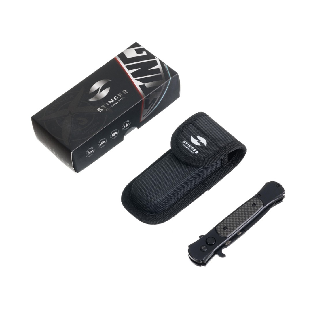 Нож складной Stinger, 118 мм, (черный), материал рукояти: нержавеющая сталь, карбон