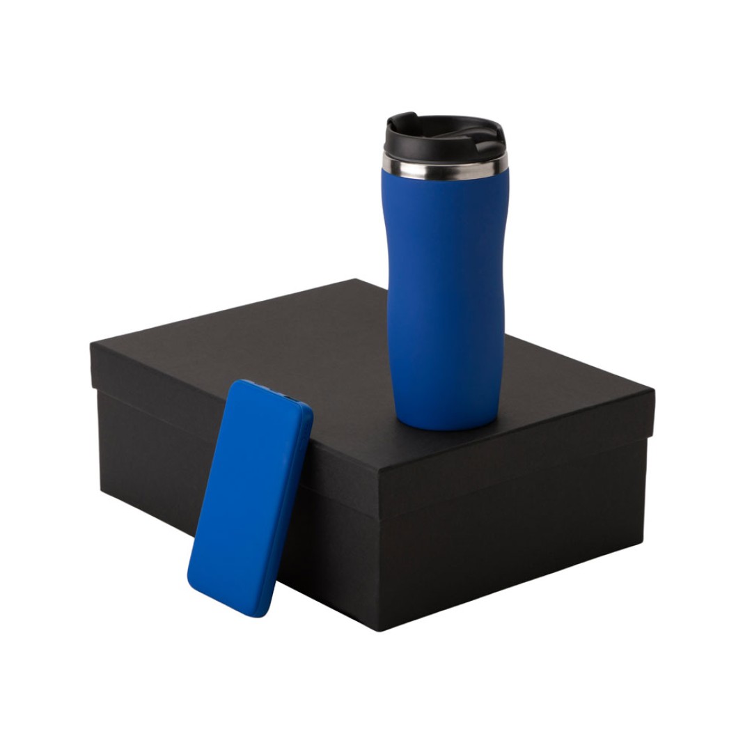 Подарочный набор c вакуумной термокружкой и повербанком С2, синий