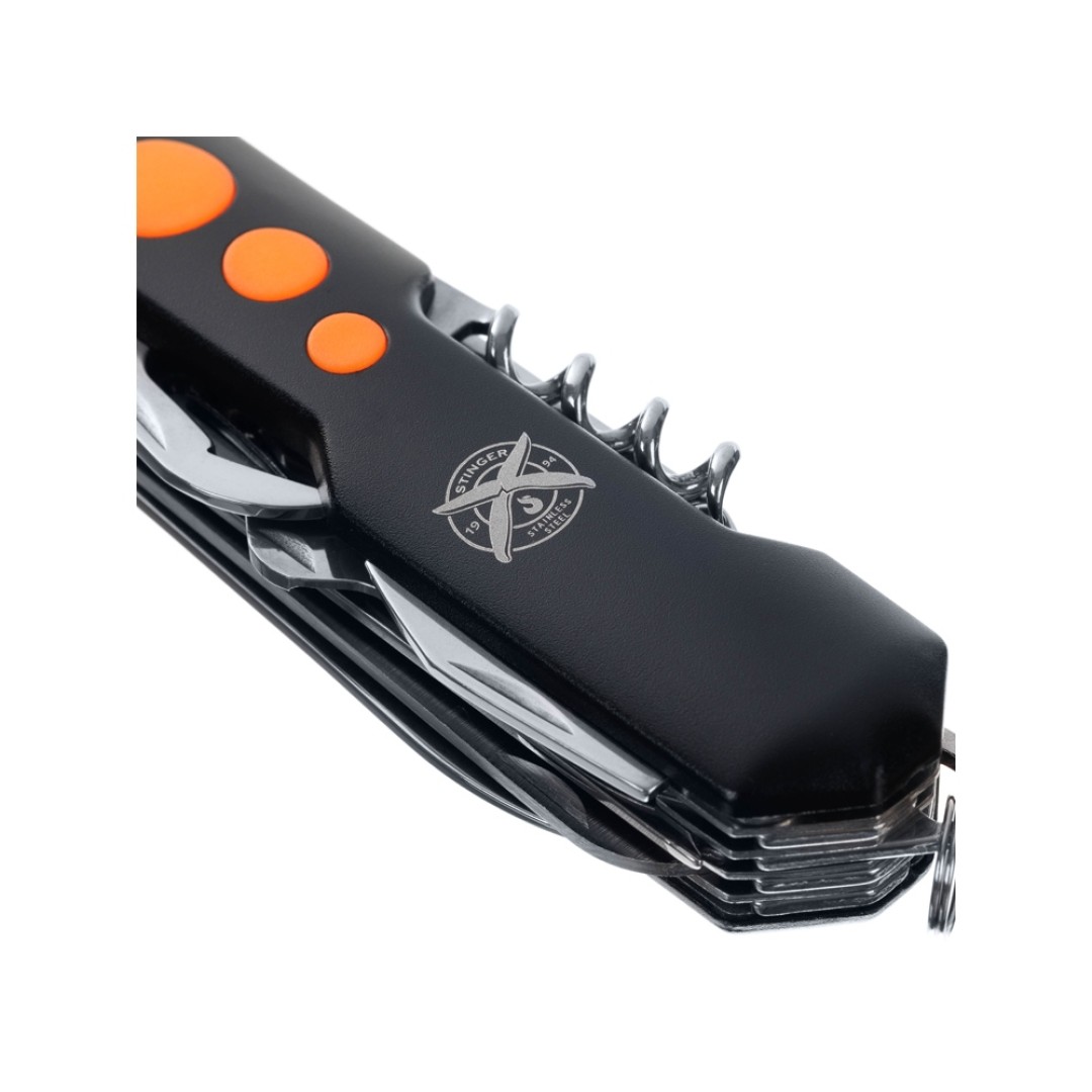 Нож перочинный Stinger, 96 мм, 15 функций, материал рукояти: алюминий, PP (черный/оранжевый)