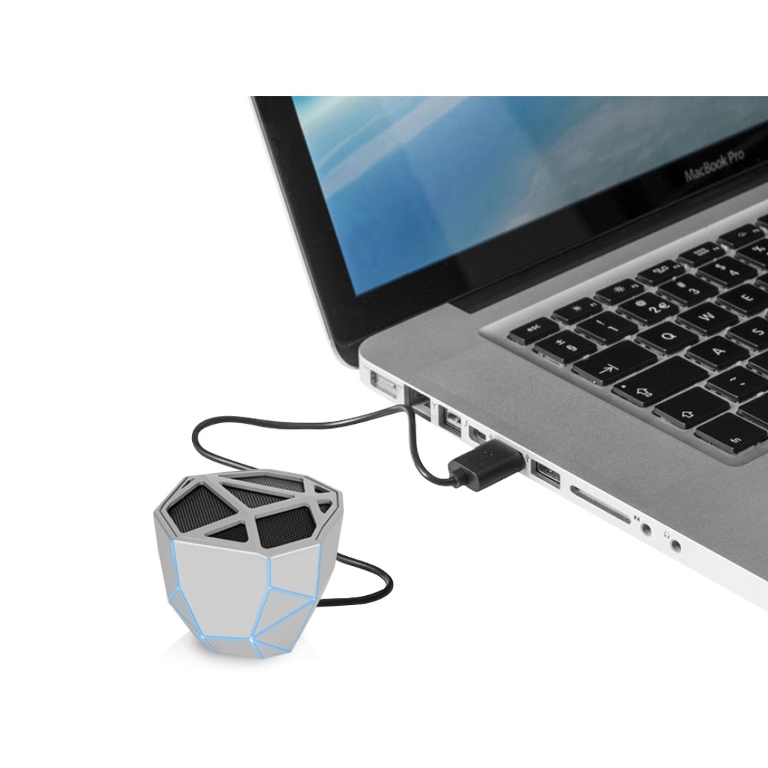 Портативная колонка «Geo», серебристый + синяя подсветка