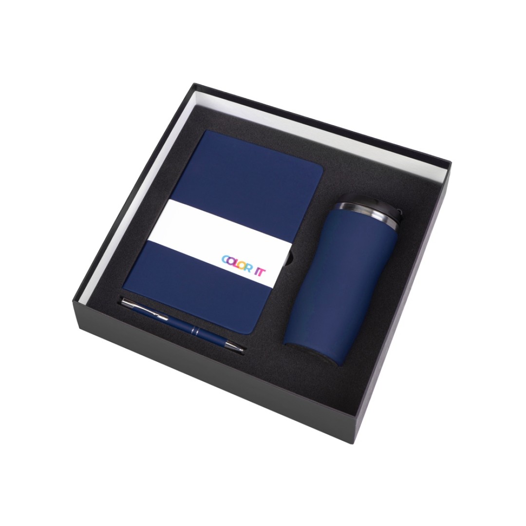 Подарочный набор с блокнотом С1, металлической ручкой и термокружкой, темно-синий