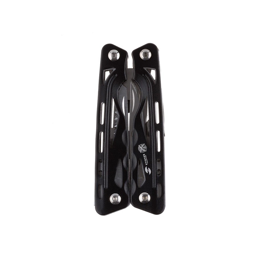 Мультитул Stinger, 104x43 мм, 13 функций, сталь/алюминий, чёрно-серебристый, в нейлоновом чехле