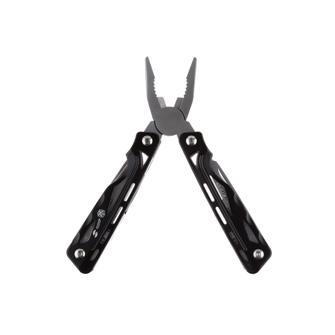 Мультитул Stinger, 104x43 мм, 13 функций, сталь/алюминий, чёрно-серебристый, в нейлоновом чехле