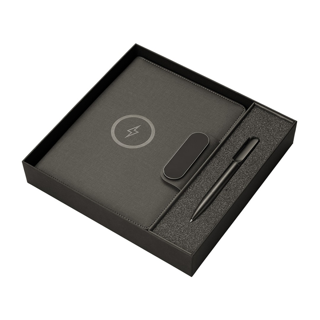 Подарочный набор металлическая ручка и блокнот А5 "Twilight"  со светящимся логотипом и пауэрбэнком