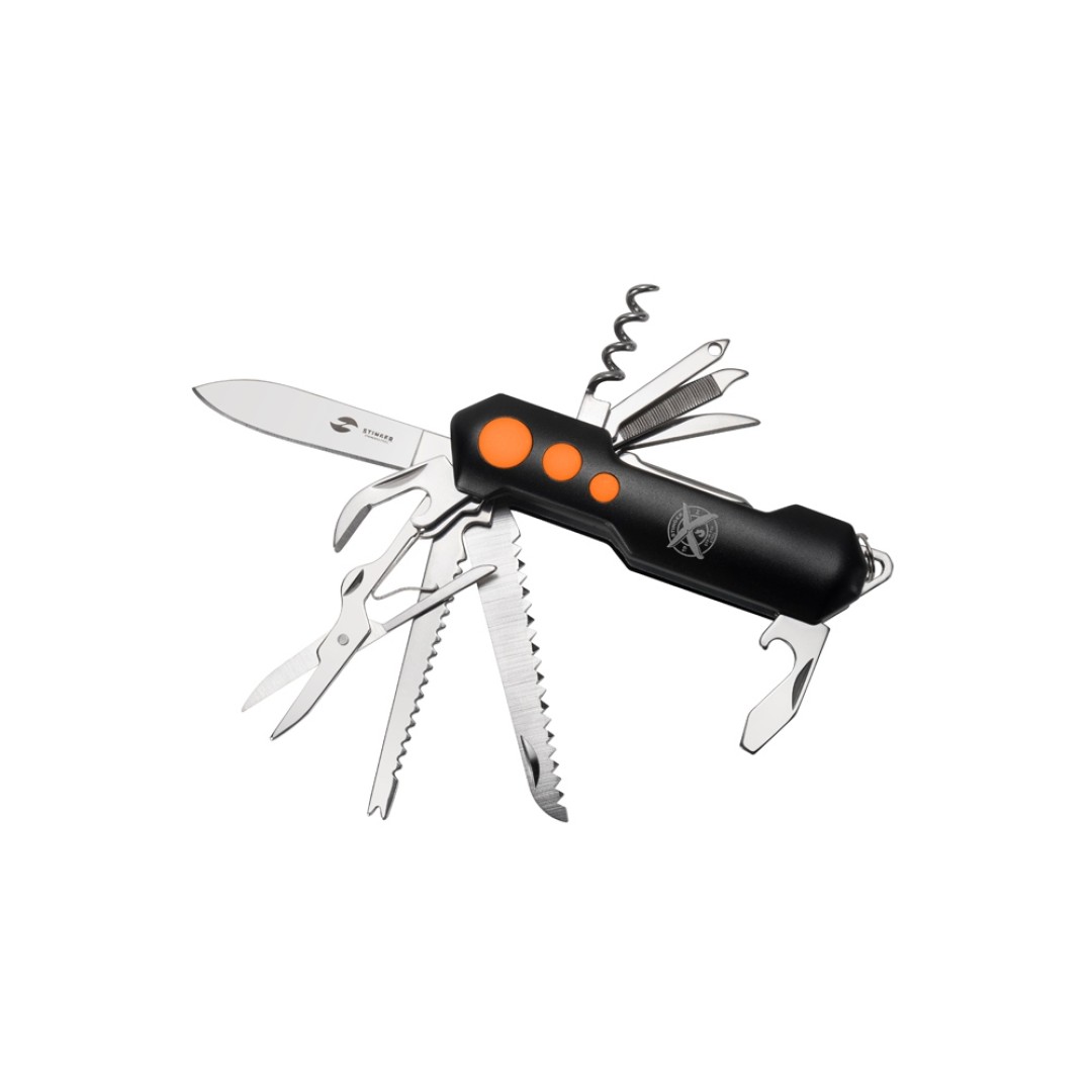 Нож перочинный Stinger, 96 мм, 15 функций, материал рукояти: алюминий, PP (черный/оранжевый)