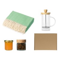 Подарочный набор с пледом, френчпрессом, чаем и вареньем, зеленый