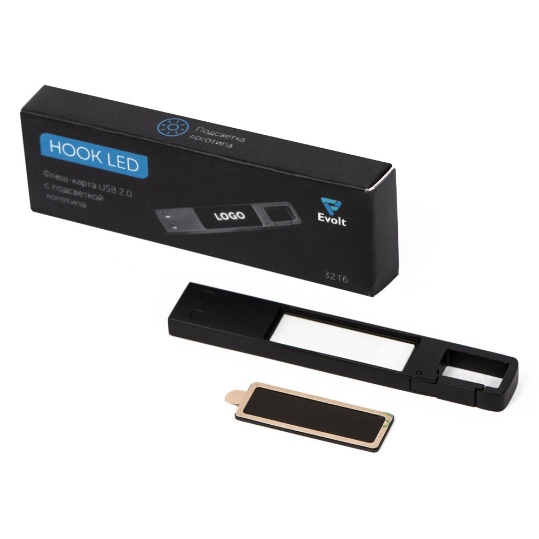 USB 2.0- флешка на 32 Гб c подсветкой логотипа «Hook LED», темно-серый, белая подсветка