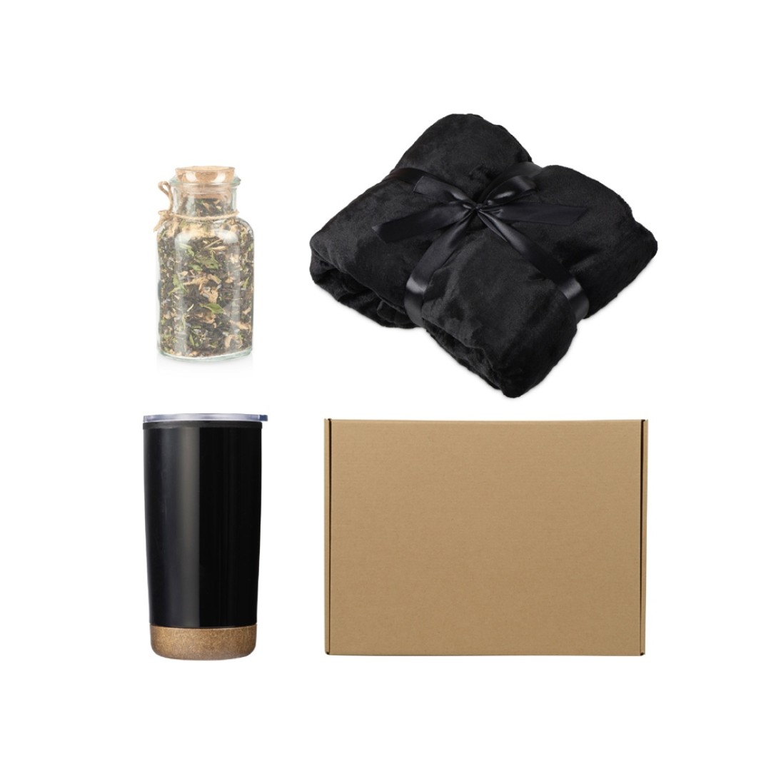 Подарочный набор с пледом, термокружкой и чаем, черный