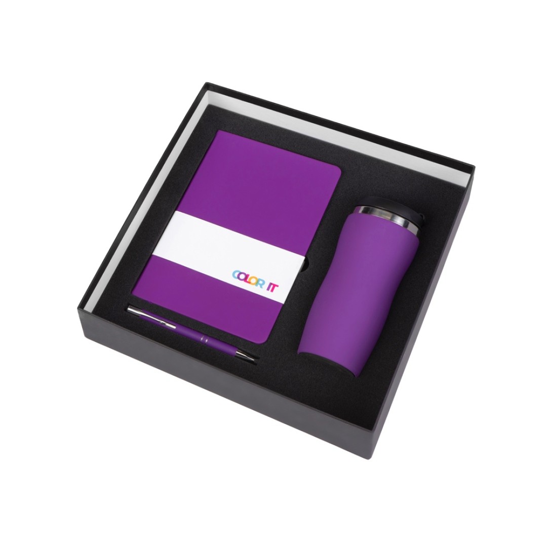 Подарочный набор с блокнотом С2, металлической ручкой и термокружкой, фиолетовый