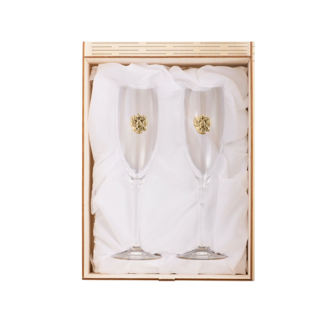 Набор бокалов для шампанского «За Россию» Chinelli в деревянной коробке