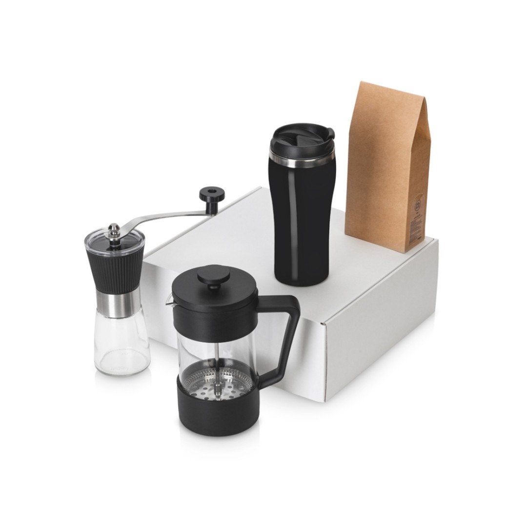 Подарочный набор с кофе, кружкой и френч-прессом "Бодрое утро" 2.0, черный