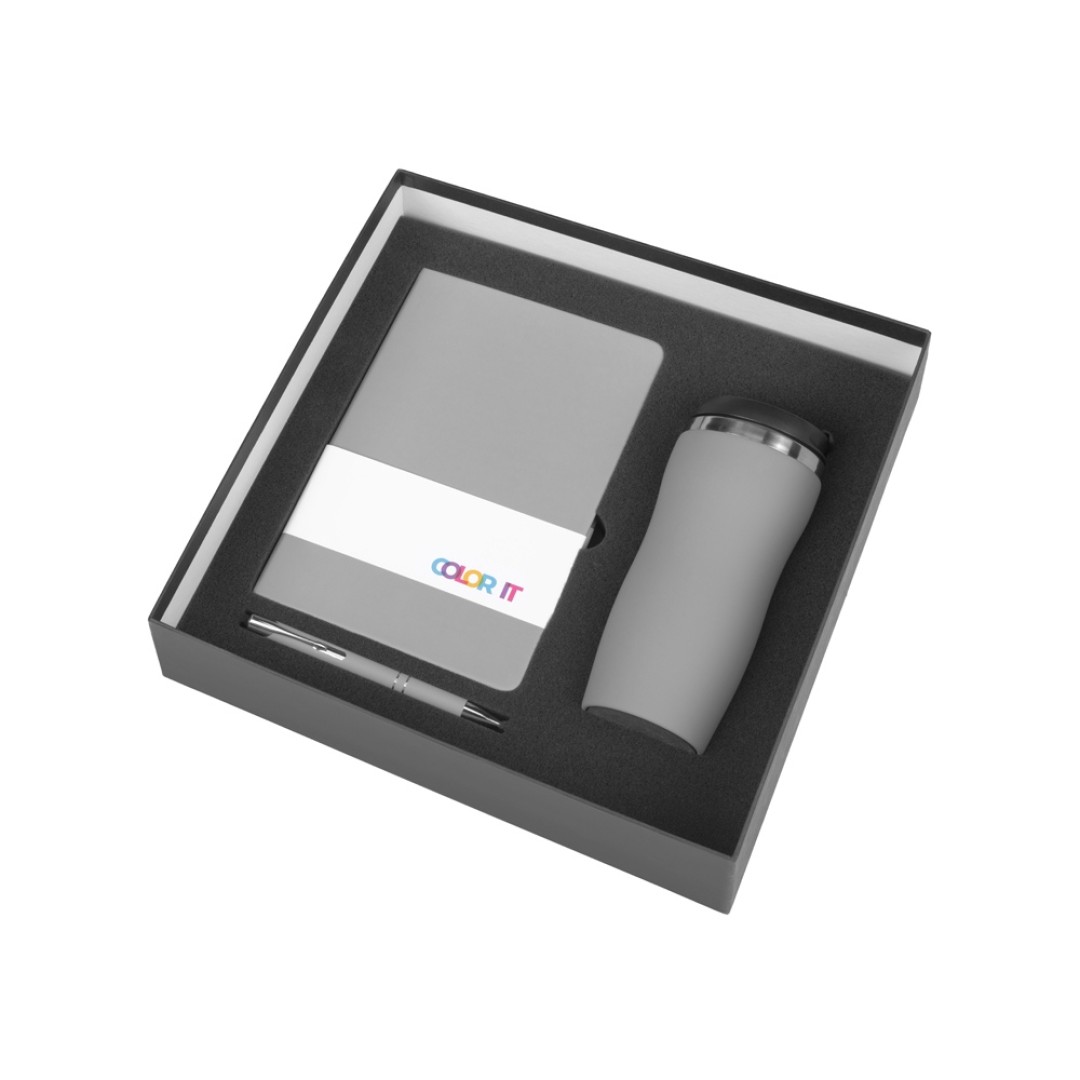 Подарочный набор с блокнотом С2, металлической ручкой и термокружкой, серый