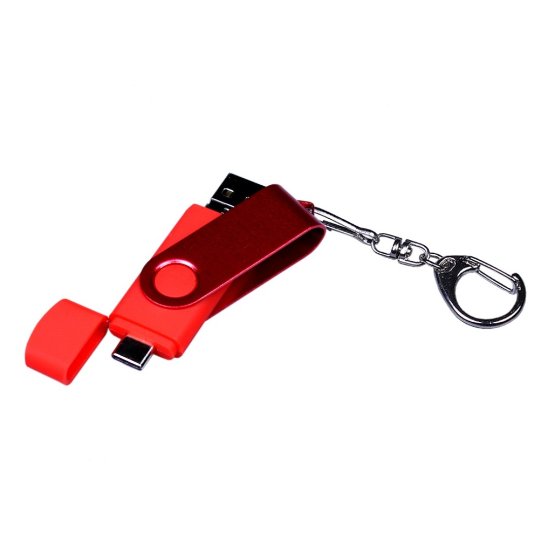 USB-флешка на 64 ГБ 3 в 1 поворотный механизм, c двумя дополнительными разъемами MicroUSB и TypeC C с одноцветным металлическим клипом, красный