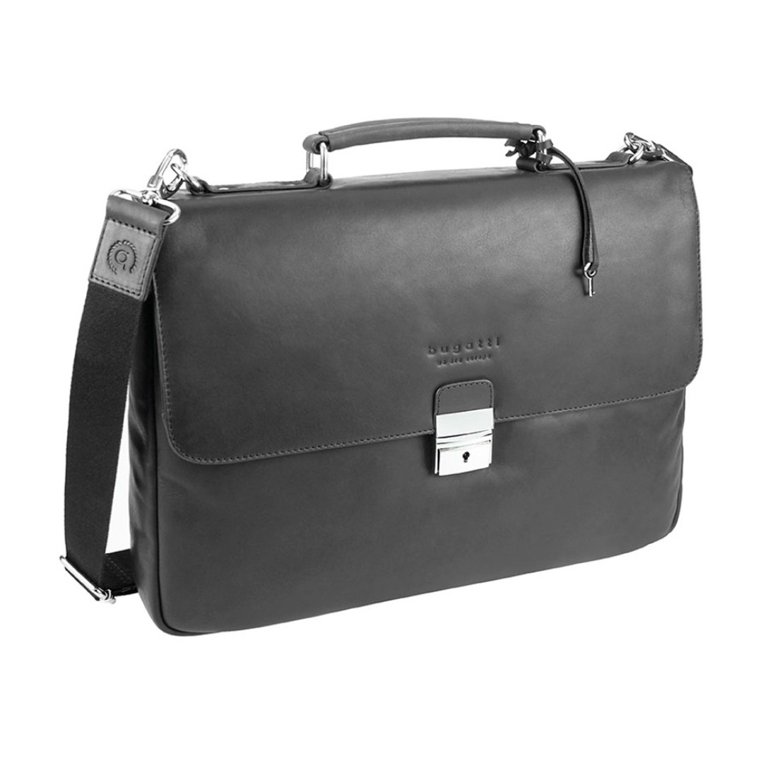 Портфель BUGATTI Romano 15'', чёрный, натуральная воловья кожа, 39х8х30 см