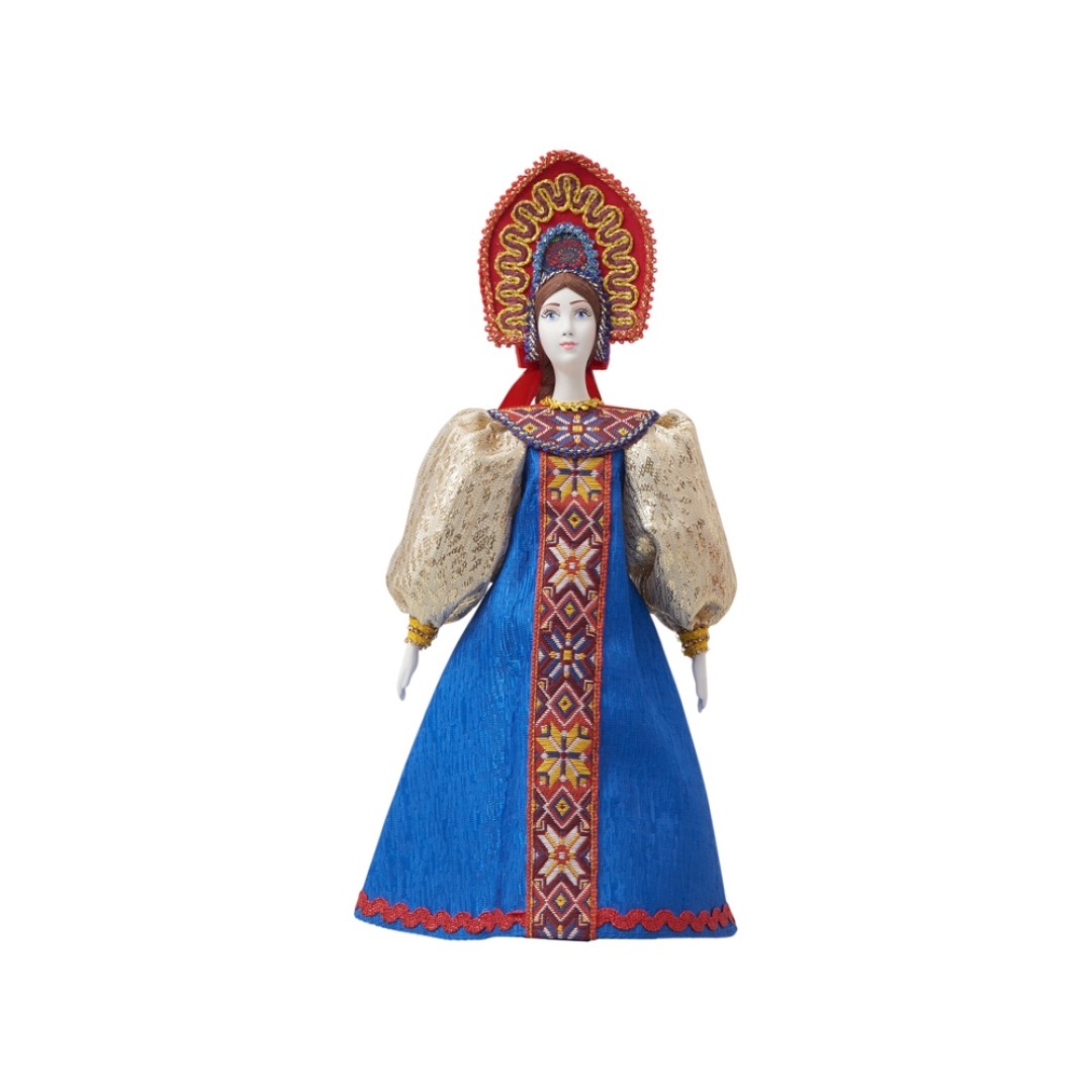 Подарочный набор: кукла фарфоровая, чай "Малина с мятой", синий