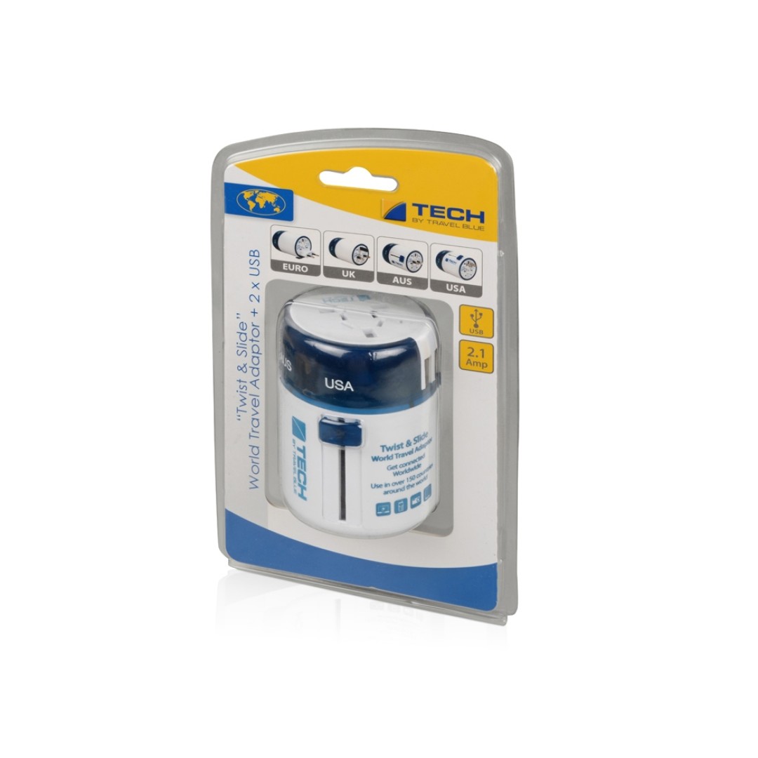 Адаптер с 2-умя USB-портами для зарядки Travel Blue Twist & Slide Adaptor голубой/белый