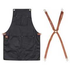 Фартук из натуральной кожи флотер  Материал: натуральная кожа КРС, цвет фартука: черный, цвет ремней: светлый бук, фурнитура из металлического сплава ЦАМ, цвет фурнитуры: антик, размер универсальный