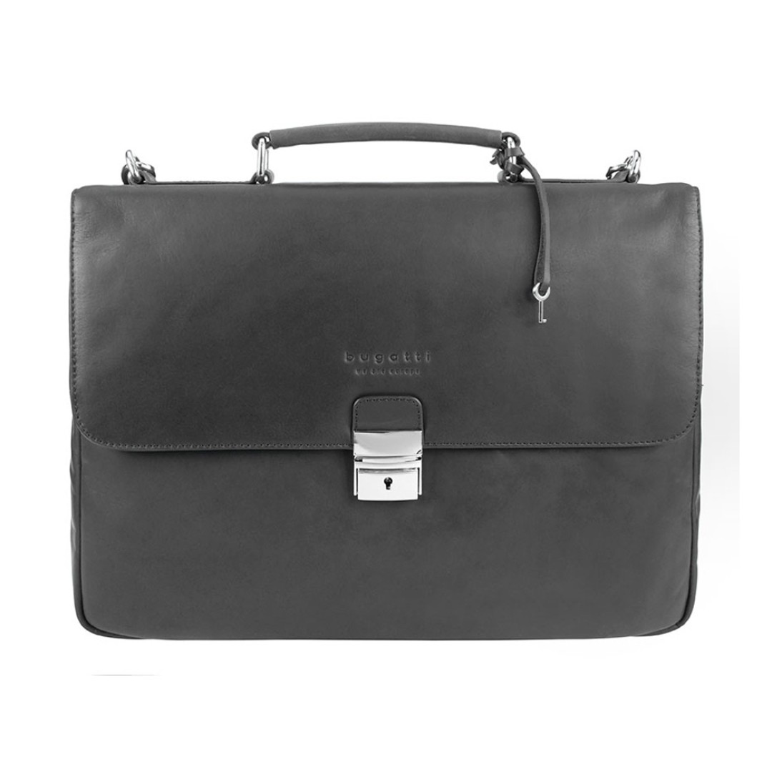 Портфель BUGATTI Romano 15'', чёрный, натуральная воловья кожа, 39х8х30 см