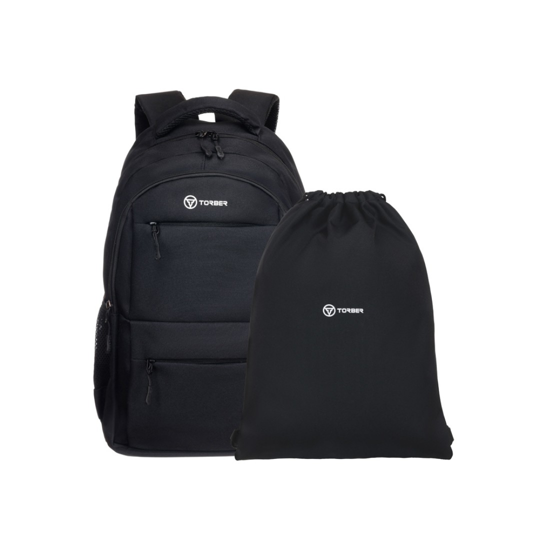 Рюкзак TORBER CLASS X, черный, полиэстер 900D, 45 x 30 x 18 см + Мешок для сменной обуви в подарок!
