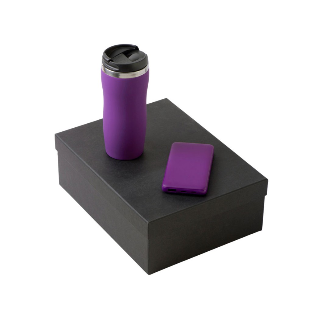 Подарочный набор c вакуумной термокружкой и повербанком С2, фиолетовый
