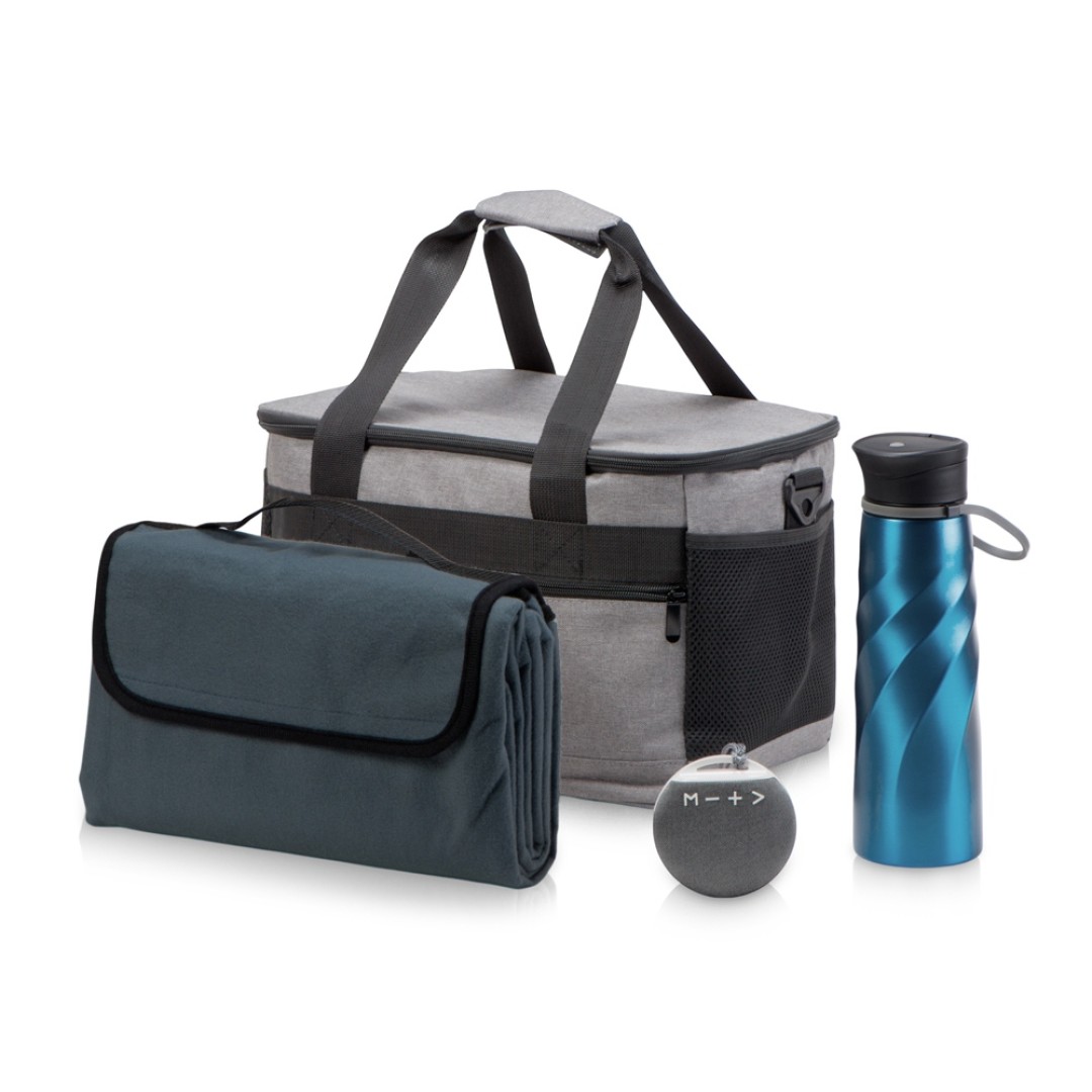 Подарочный набор с пледом и колонкой в сумке - холодильнике " Musical trek", синий