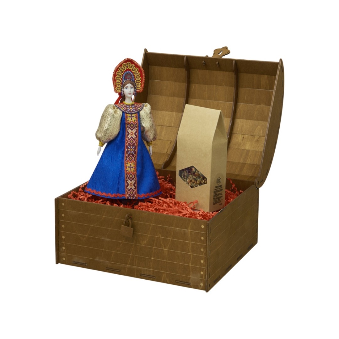 Подарочный набор: кукла фарфоровая, чай "Малина с мятой", синий