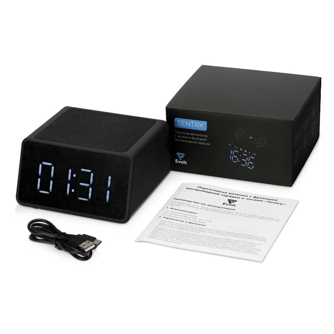 Беспроводная колонка с часами и функцией беспроводной зарядки «Sentry», черный (P)